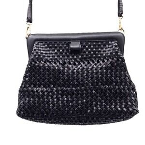 Rafe Fernanda Handwoven‎ Black Leather Clutch With Crossbody Strap